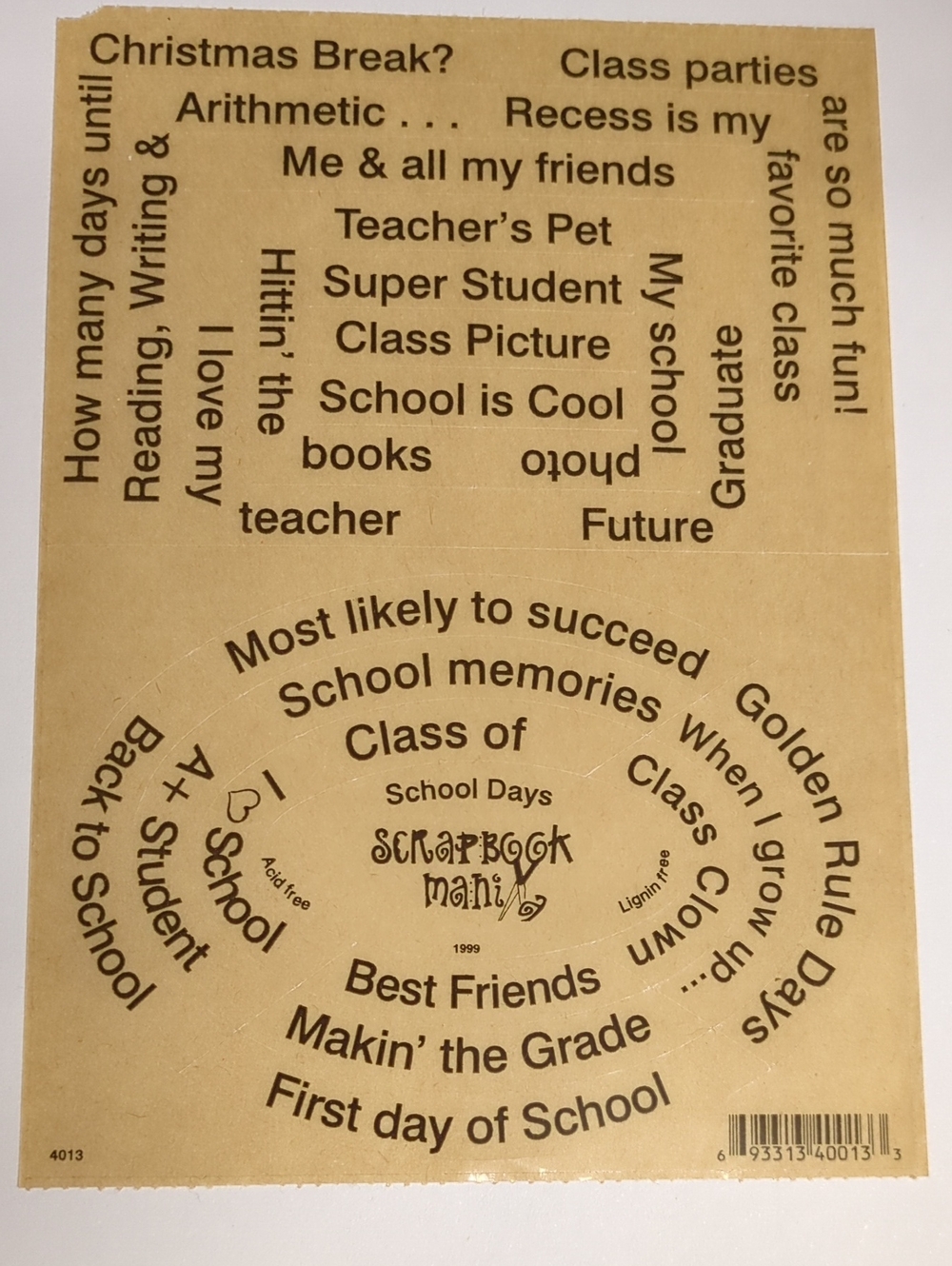 ☀️Vintage 1999 Scrapbook Mania School Days Clear Sticky Phrases Sticker Sheet